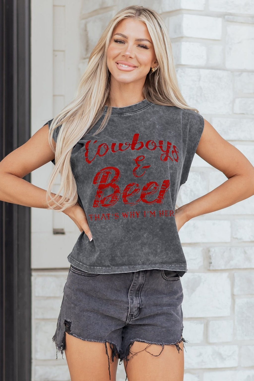 Sleet Cowboy & Beer Western Graphic Mineral Wash Tank Top - Crowned Energy CO.
