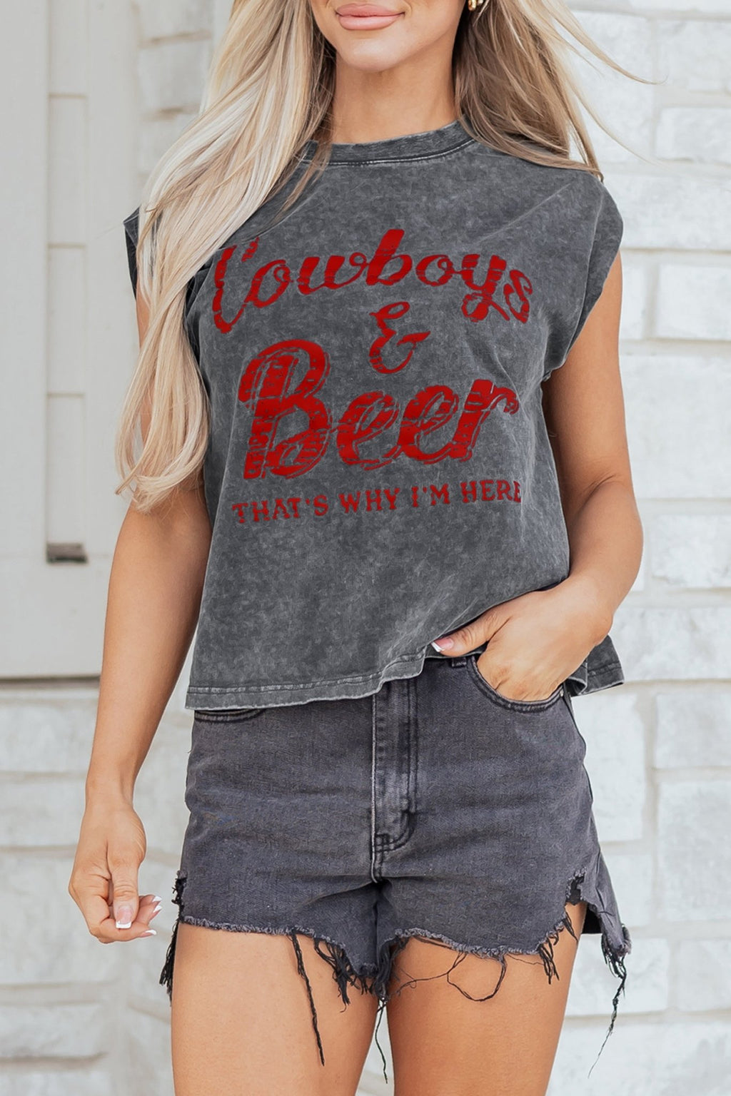 Sleet Cowboy & Beer Western Graphic Mineral Wash Tank Top - Crowned Energy CO.