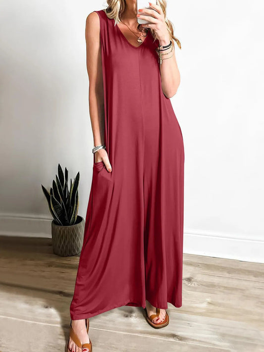 Crowned Energy CO. Wine Red / S Trendsi Jumpsuit Sleeveless V-Neck Jumpsuit with Pockets