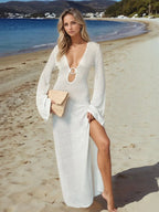 Crowned Energy CO. White / S Trendsi swim wear Slit Plunge Flare Sleeve Cover-Up Dress