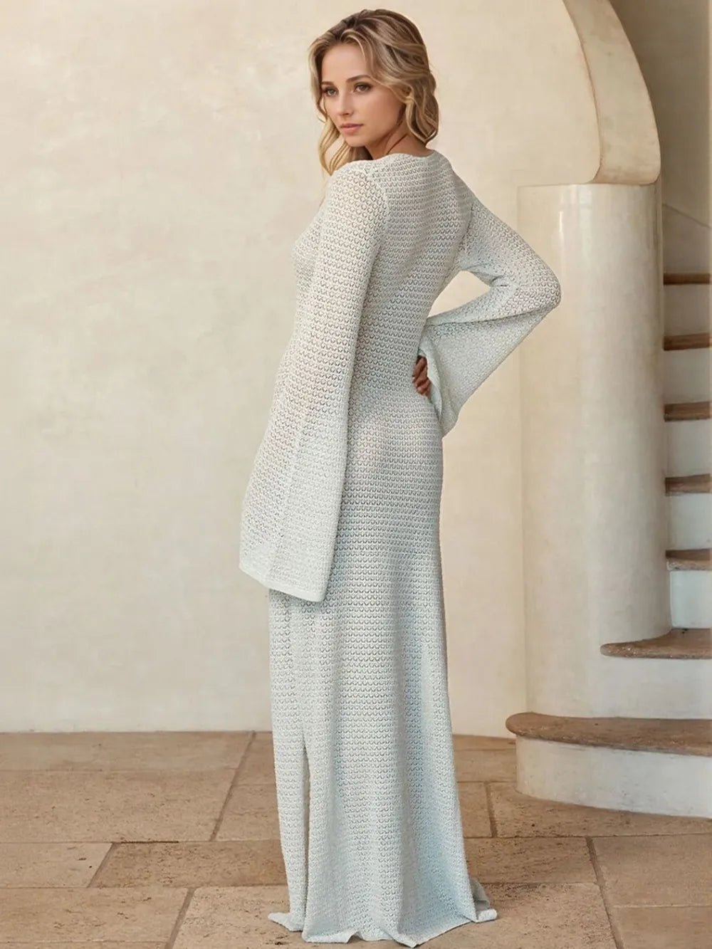 Crowned Energy CO. White / S Trendsi swim wear Slit Plunge Flare Sleeve Cover-Up Dress