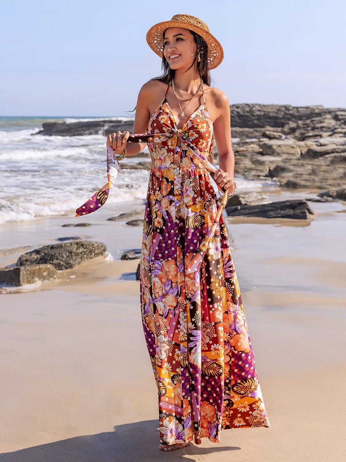 Crowned Energy CO. Multicolor / S Trendsi Dresses Slit Printed Halter Neck Cami Dress