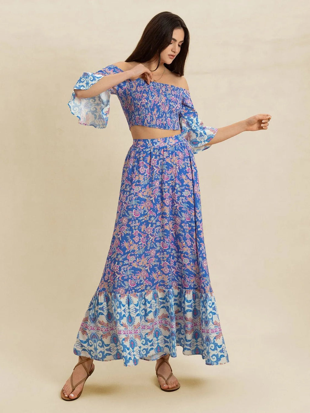 Crowned Energy CO. Blue Purple / S Trendsi OUTFIT SET Smocked Off-Shoulder Printed Top and Skirt Set