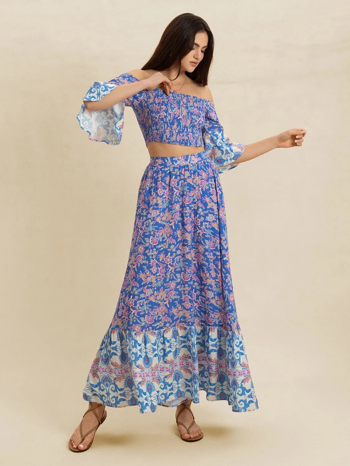 Crowned Energy CO. Blue Purple / S Trendsi OUTFIT SET Smocked Off-Shoulder Printed Top and Skirt Set