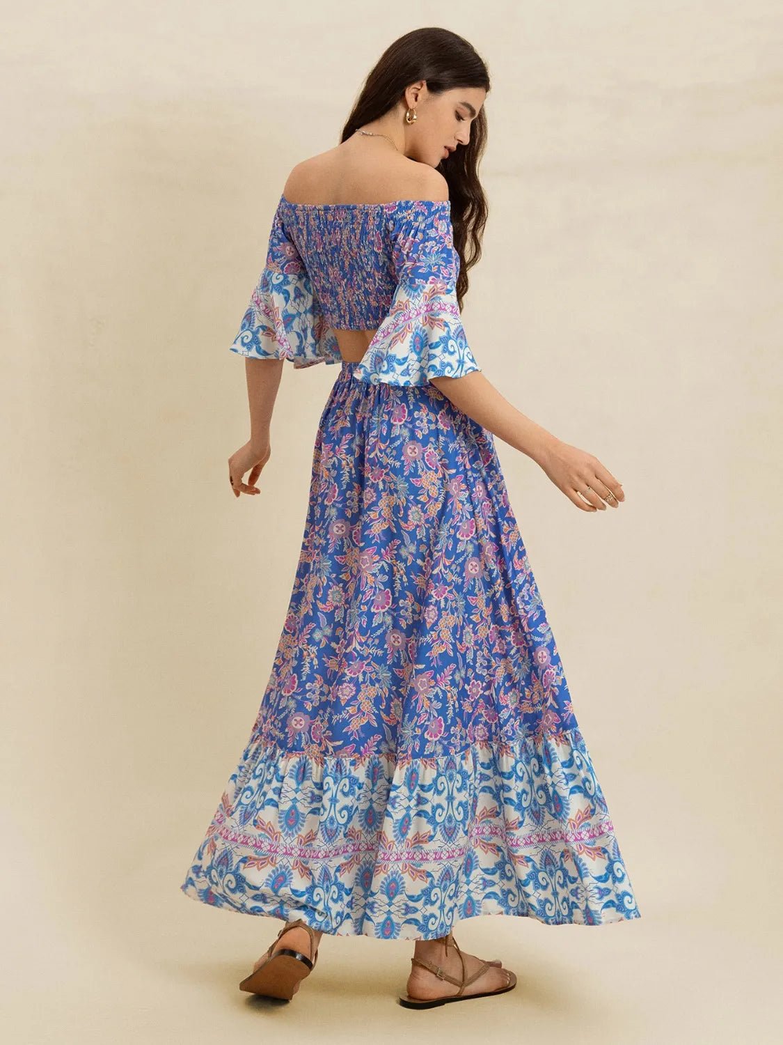 Crowned Energy CO. Blue Purple / S Trendsi OUTFIT SET Smocked Off-Shoulder Printed Top and Skirt Set