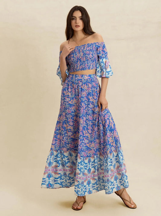Crowned Energy CO. Blue Purple / S Trendsi OUTFIT SET Smocked Off-Shoulder Printed Top and Skirt Set
