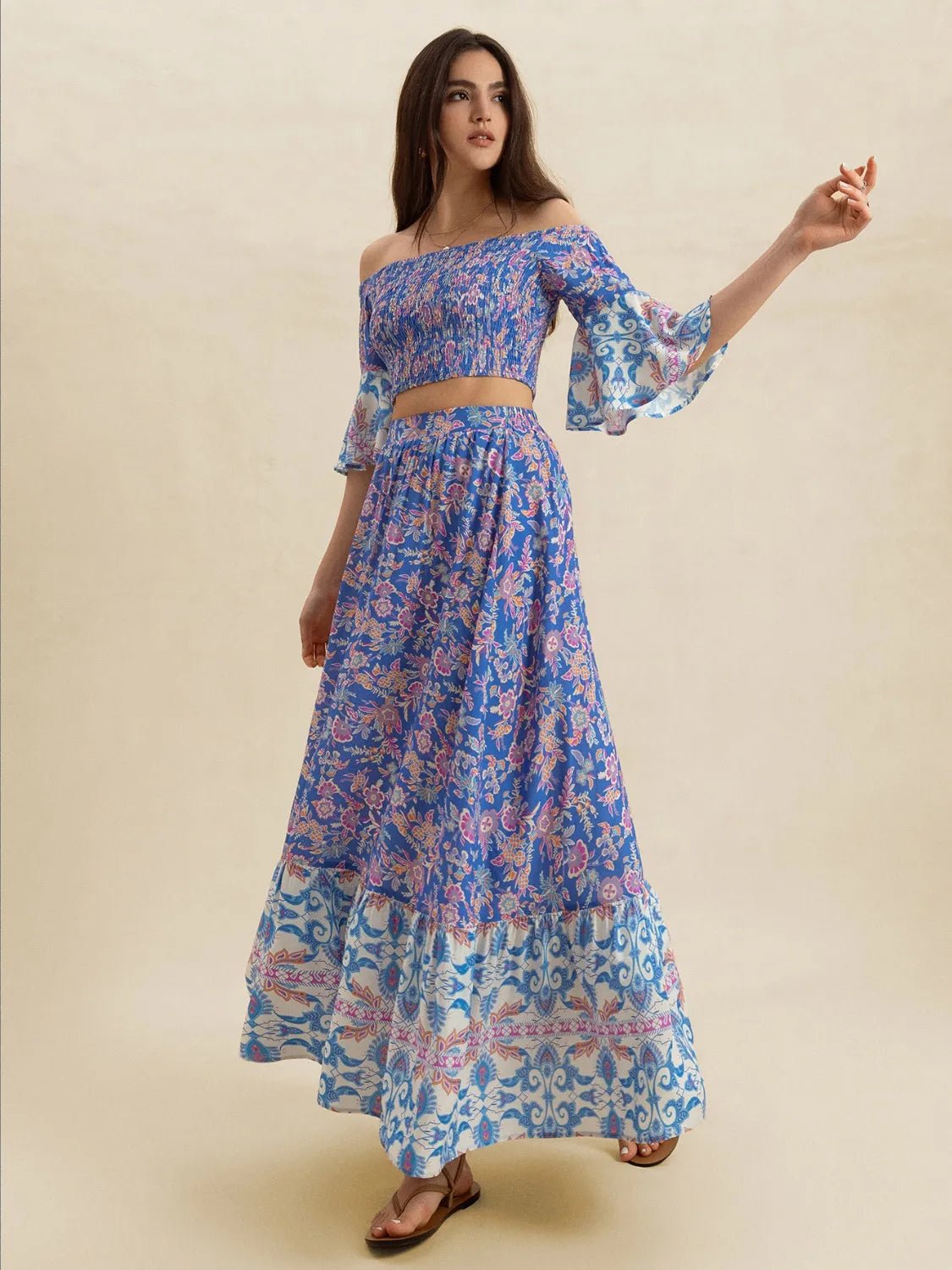 Crowned Energy CO. Blue Purple / S Trendsi OUTFIT SET Smocked Off-Shoulder Printed Top and Skirt Set