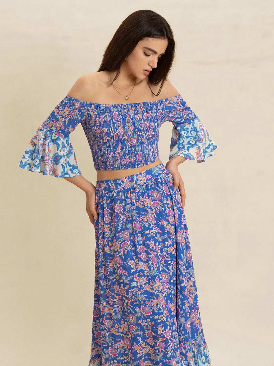 Crowned Energy CO. Blue Purple / S Trendsi OUTFIT SET Smocked Off-Shoulder Printed Top and Skirt Set