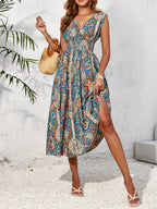 Crowned Energy CO. Turquoise / S Trendsi Dresses Smocked Printed Surplice Sleeveless Midi Dress