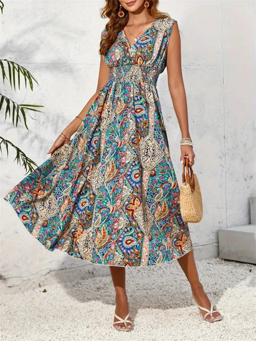Crowned Energy CO. Turquoise / S Trendsi Dresses Smocked Printed Surplice Sleeveless Midi Dress