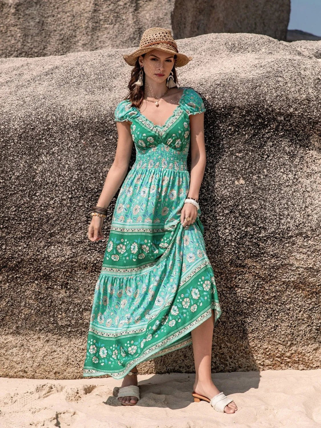 Crowned Energy CO. Green / S Trendsi Dresses Smocked Printed V-Neck Dress