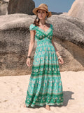 Crowned Energy CO. Green / S Trendsi Dresses Smocked Printed V-Neck Dress