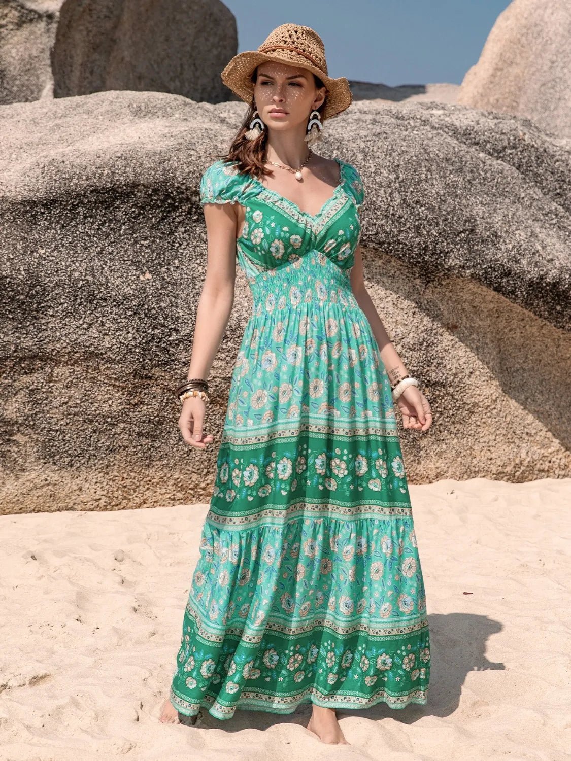 Crowned Energy CO. Green / S Trendsi Dresses Smocked Printed V-Neck Dress