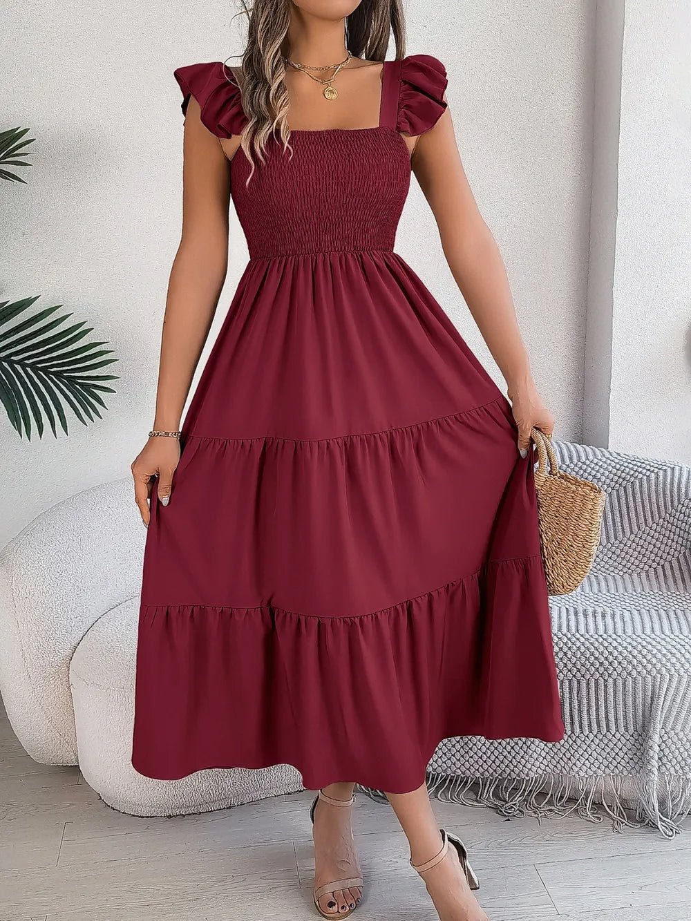 Smocked Square Neck Cap Sleeve Midi Dress - Crowned Energy CO.
