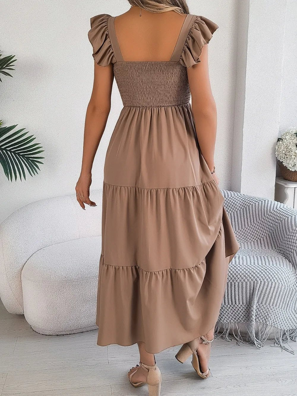 Smocked Square Neck Cap Sleeve Midi Dress - Crowned Energy CO.