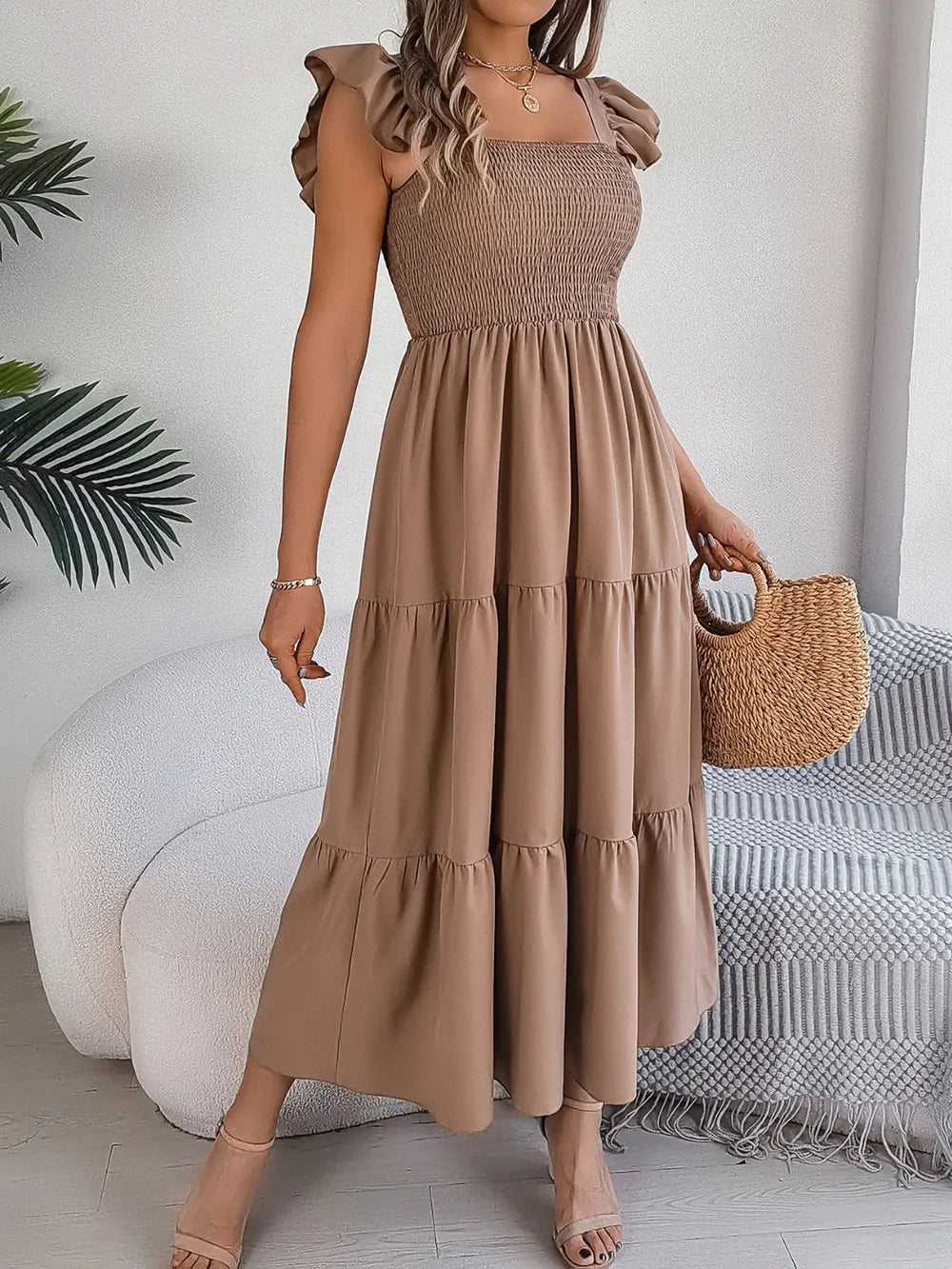 Smocked Square Neck Cap Sleeve Midi Dress - Crowned Energy CO.