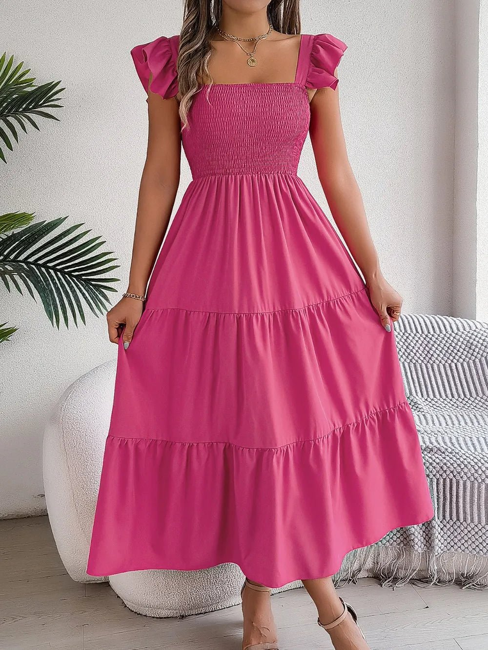Smocked Square Neck Cap Sleeve Midi Dress - Crowned Energy CO.