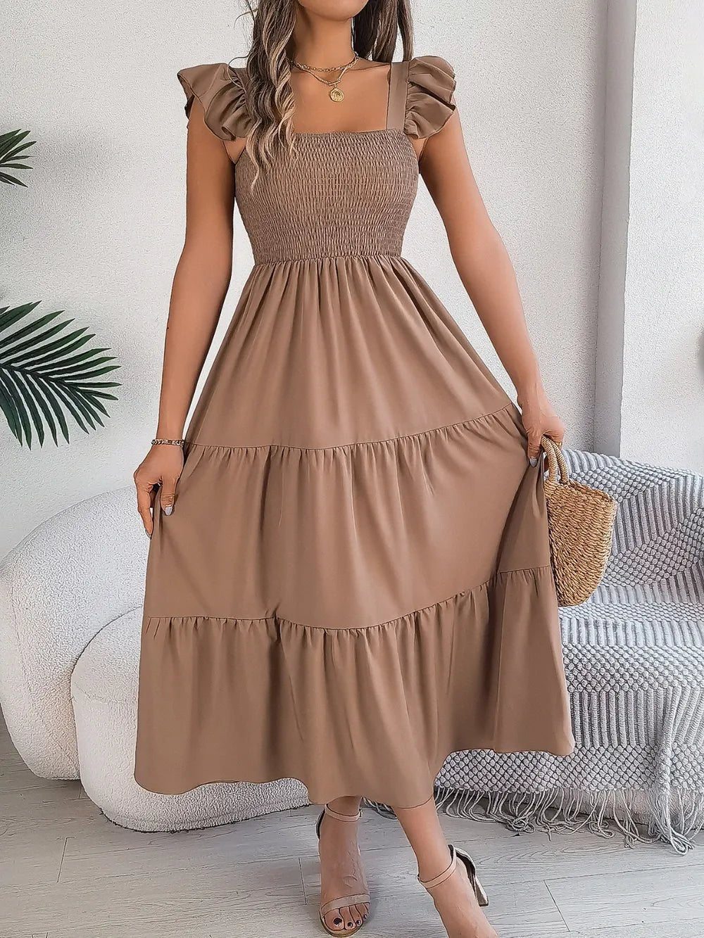 Smocked Square Neck Cap Sleeve Midi Dress - Crowned Energy CO.