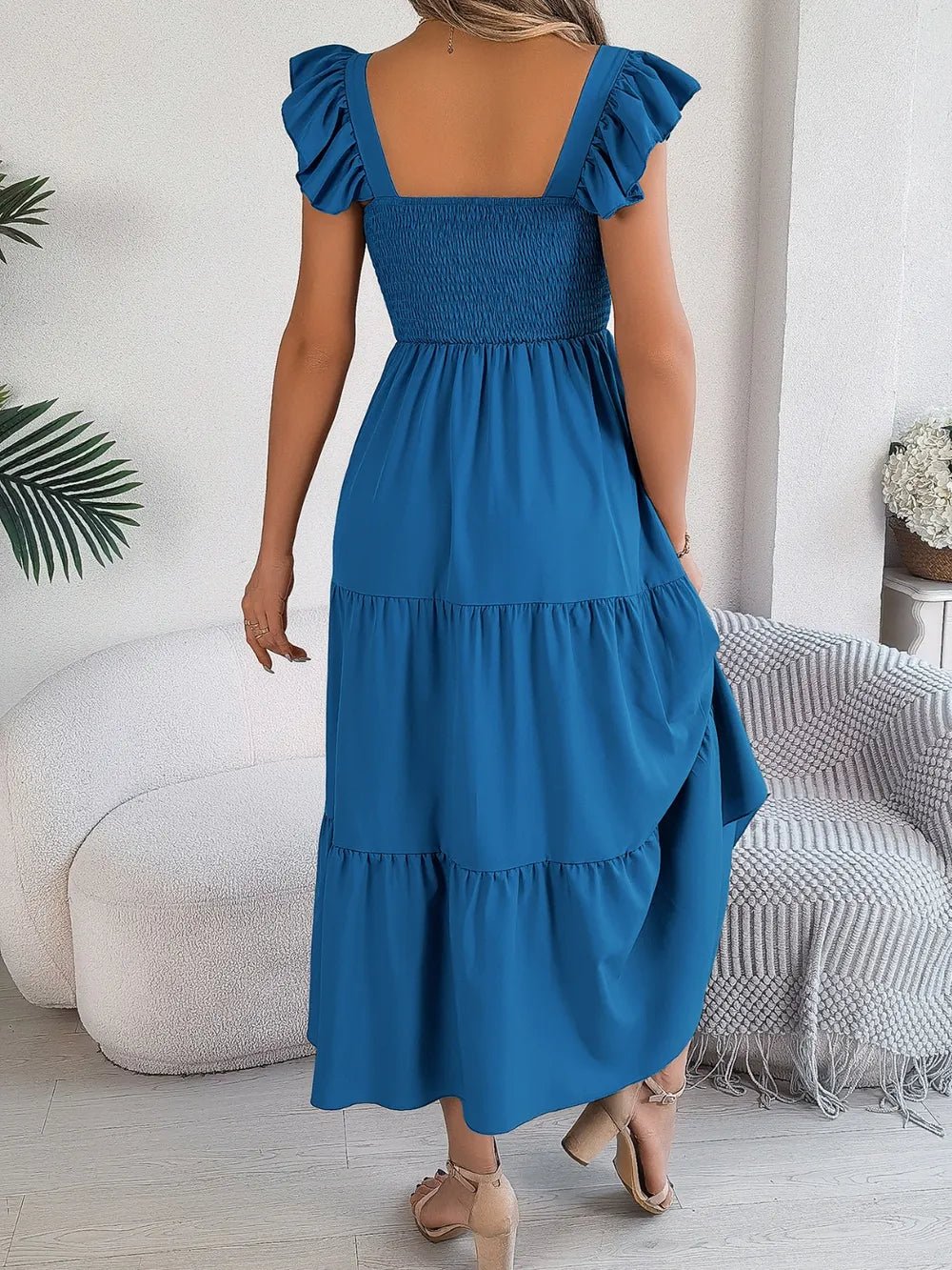 Smocked Square Neck Cap Sleeve Midi Dress - Crowned Energy CO.