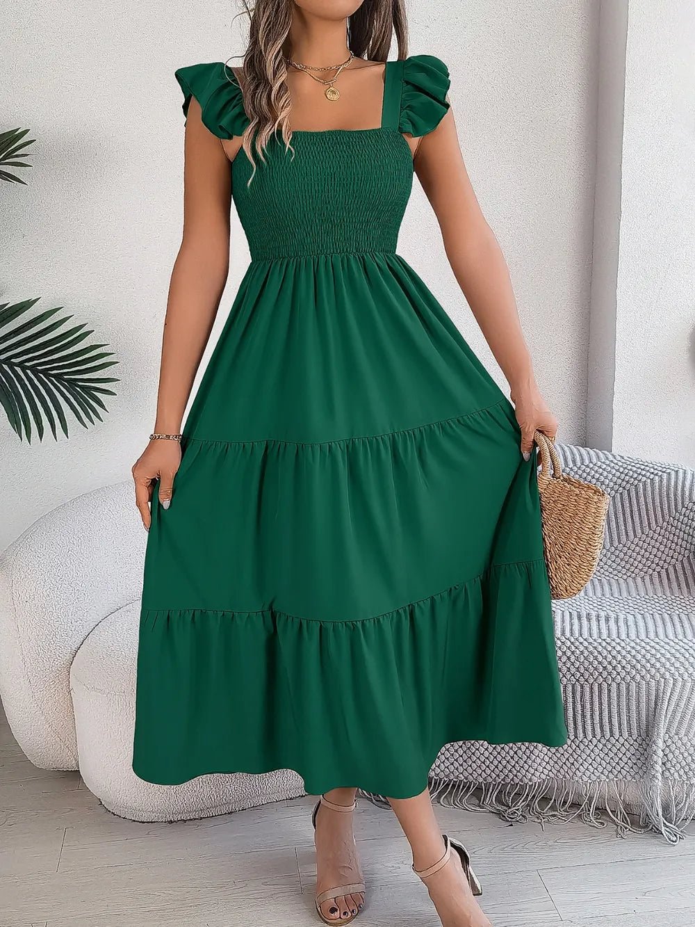 Smocked Square Neck Cap Sleeve Midi Dress - Crowned Energy CO.