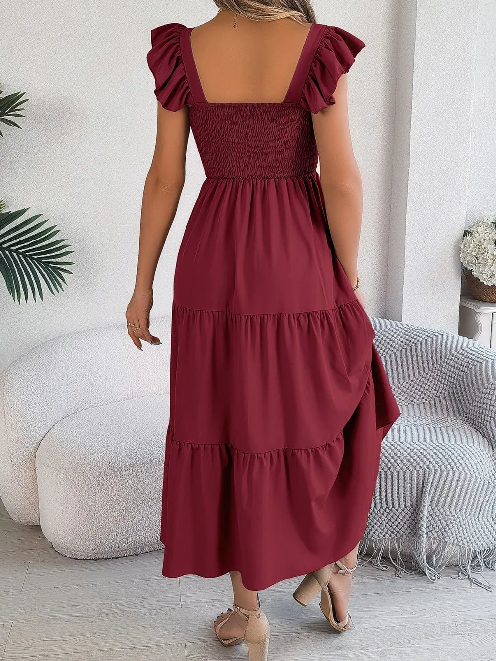 Smocked Square Neck Cap Sleeve Midi Dress - Crowned Energy CO.
