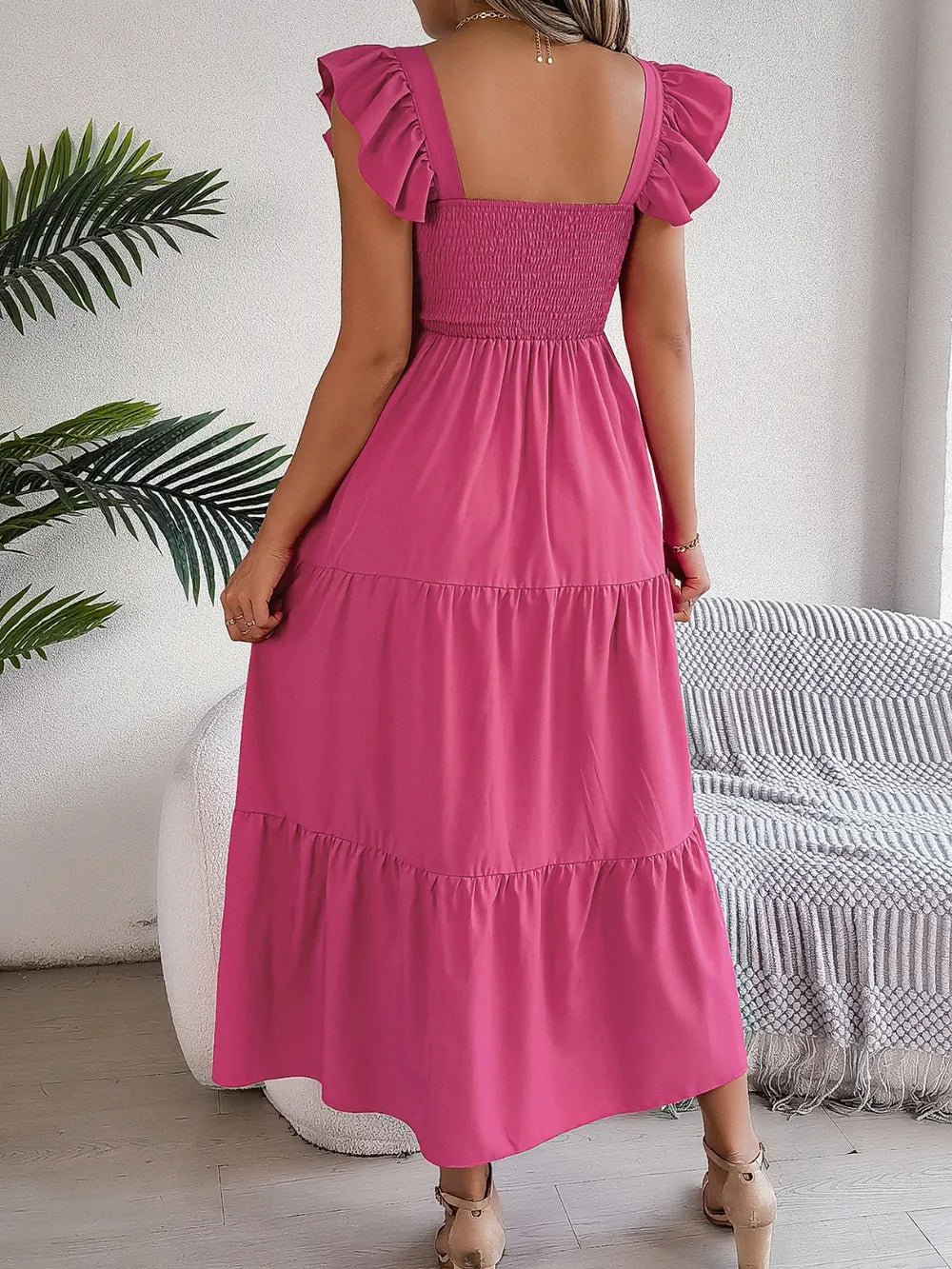 Smocked Square Neck Cap Sleeve Midi Dress - Crowned Energy CO.