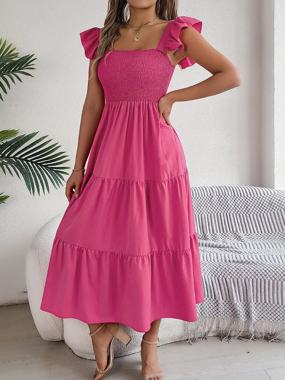 Smocked Square Neck Cap Sleeve Midi Dress - Crowned Energy CO.