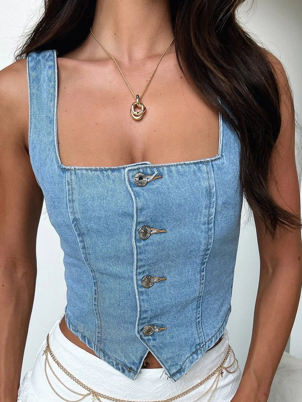 Smocked Square Neck Denim Top - Crowned Energy CO.