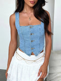 Smocked Square Neck Denim Top - Crowned Energy CO.