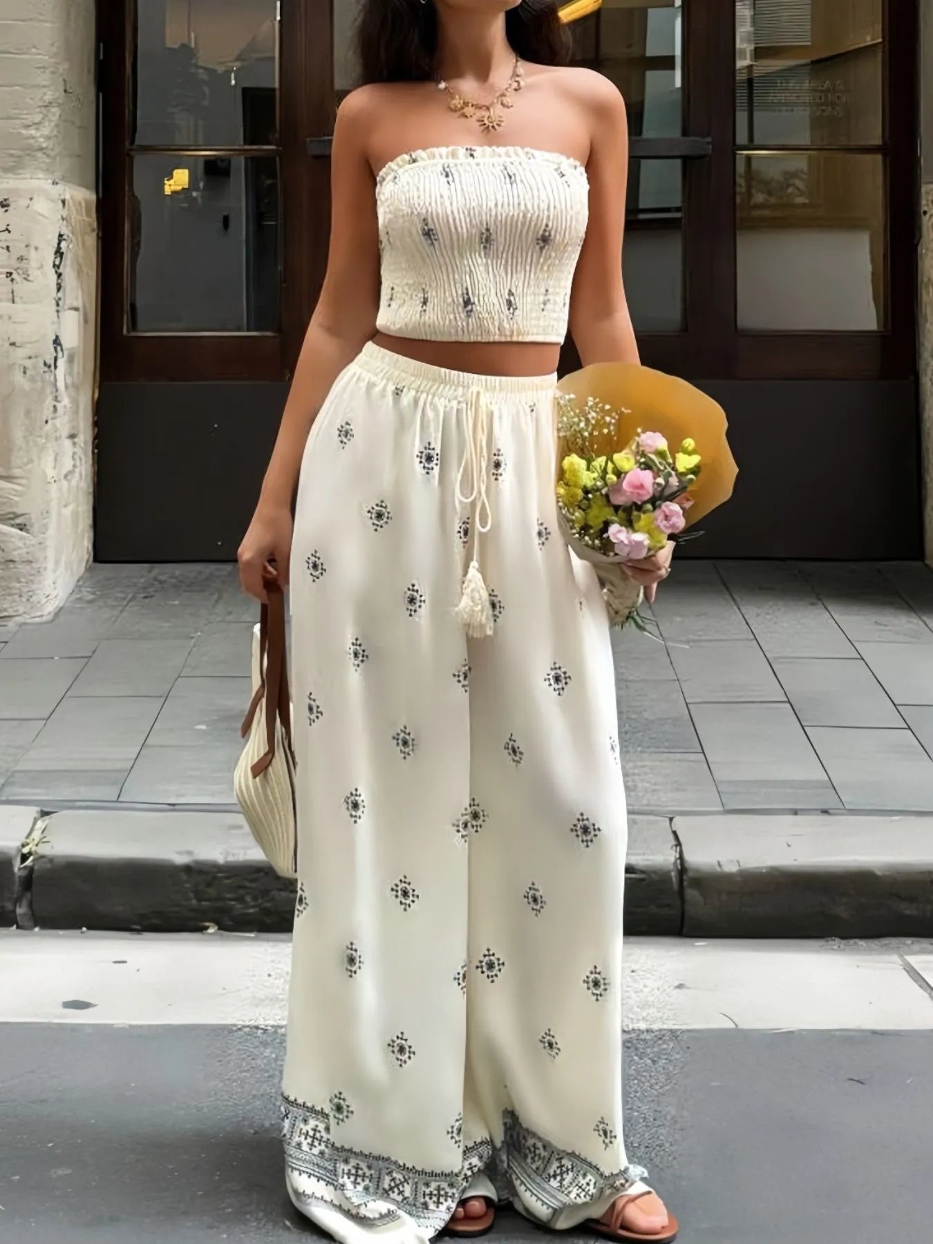 Crowned Energy CO. Cream / S Trendsi Two Piece Sets/Pant Sets Smocked Tube Top and Pants Set