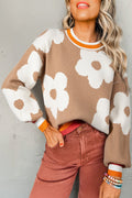 Crowned Energy CO. Smoke Gray / S / 52%Viscose+26%Polyester+22%Polyamide Dear-Lover Dropshipping Sweaters & Cardigans/Sweaters Smoke Gray Big Flower Pattern Contrast Striped Baggy Sweater