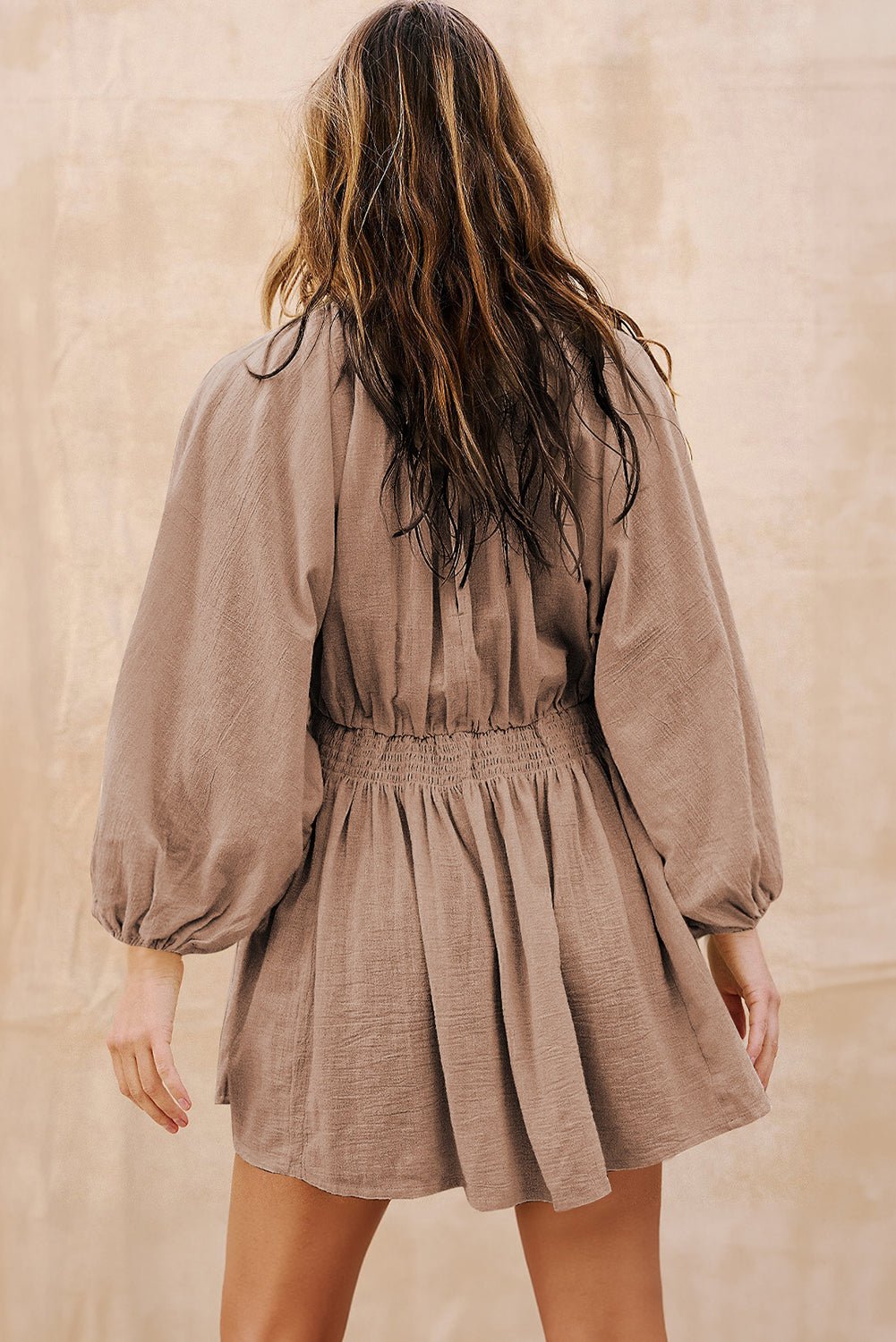 Crowned Energy CO. Smoke Gray / S / 100%Polyester Dear-Lover Dropshipping Dresses/Mini Dresses Smoke Gray Deep V Neck Bubble Sleeve Smocked Mini Dress