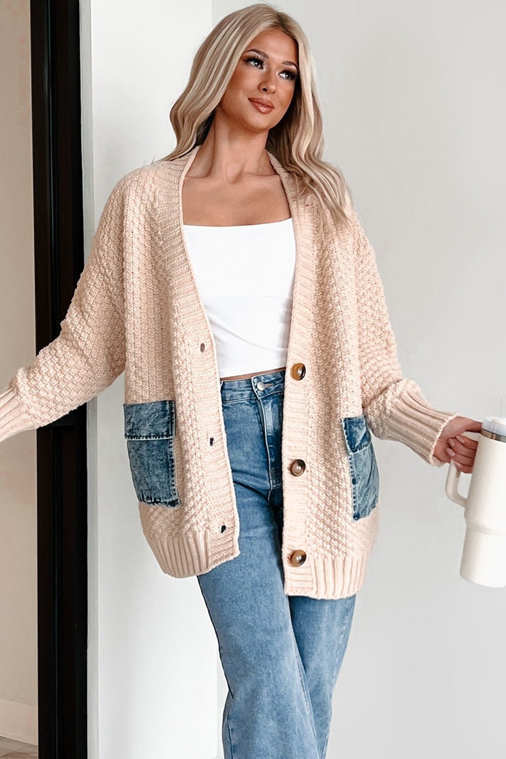 Smoke Gray Open Front Knitted Denim Pocket Patchwork Cardigan - Crowned Energy CO.