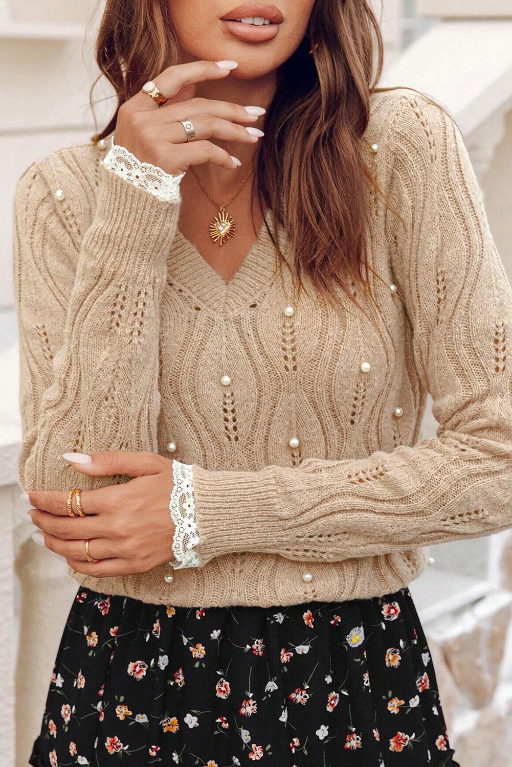 Smoke Gray Pearl Beaded Pointelle Knit V Neck Lace Patchwork Sleeve Sweater - Crowned Energy CO.