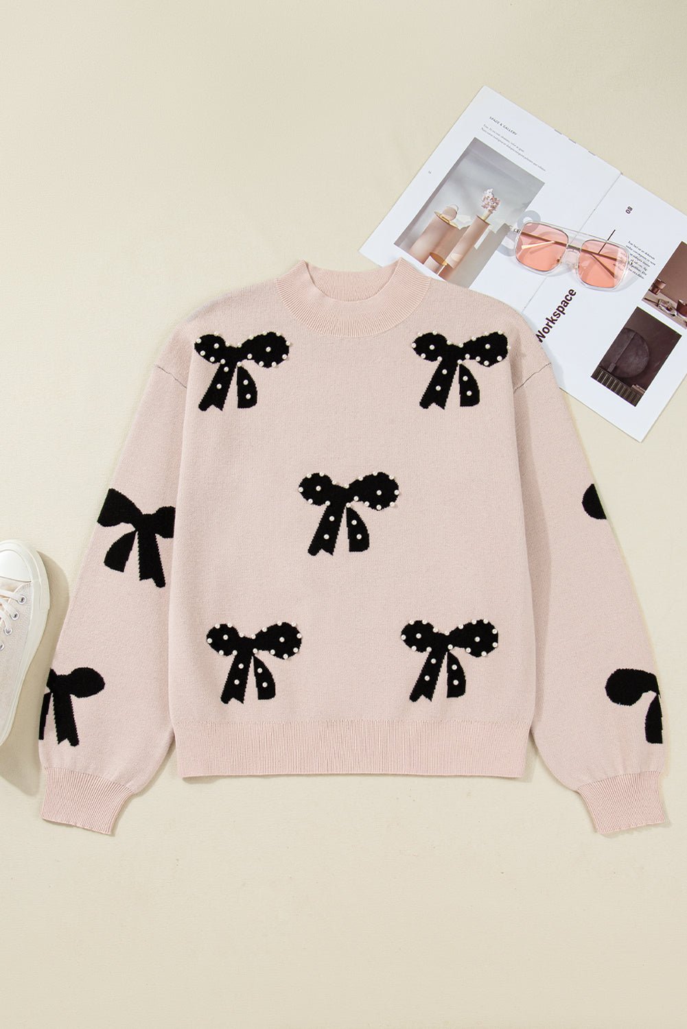 Smoke Gray Pearl Embellished Bow Pattern Loose Sweater - Crowned Energy CO.