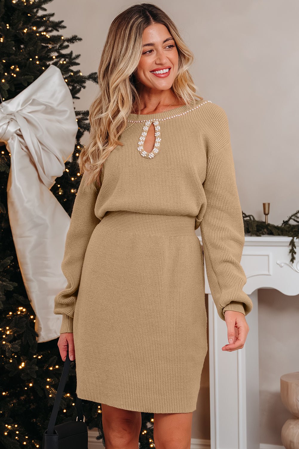 Smoke Gray Pearl Embellished Keyhole Ribbed Sweater Dress - Crowned Energy CO.