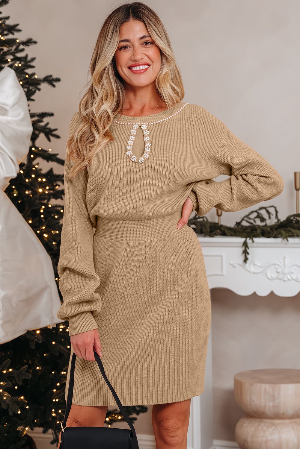 Smoke Gray Pearl Embellished Keyhole Ribbed Sweater Dress - Crowned Energy CO.