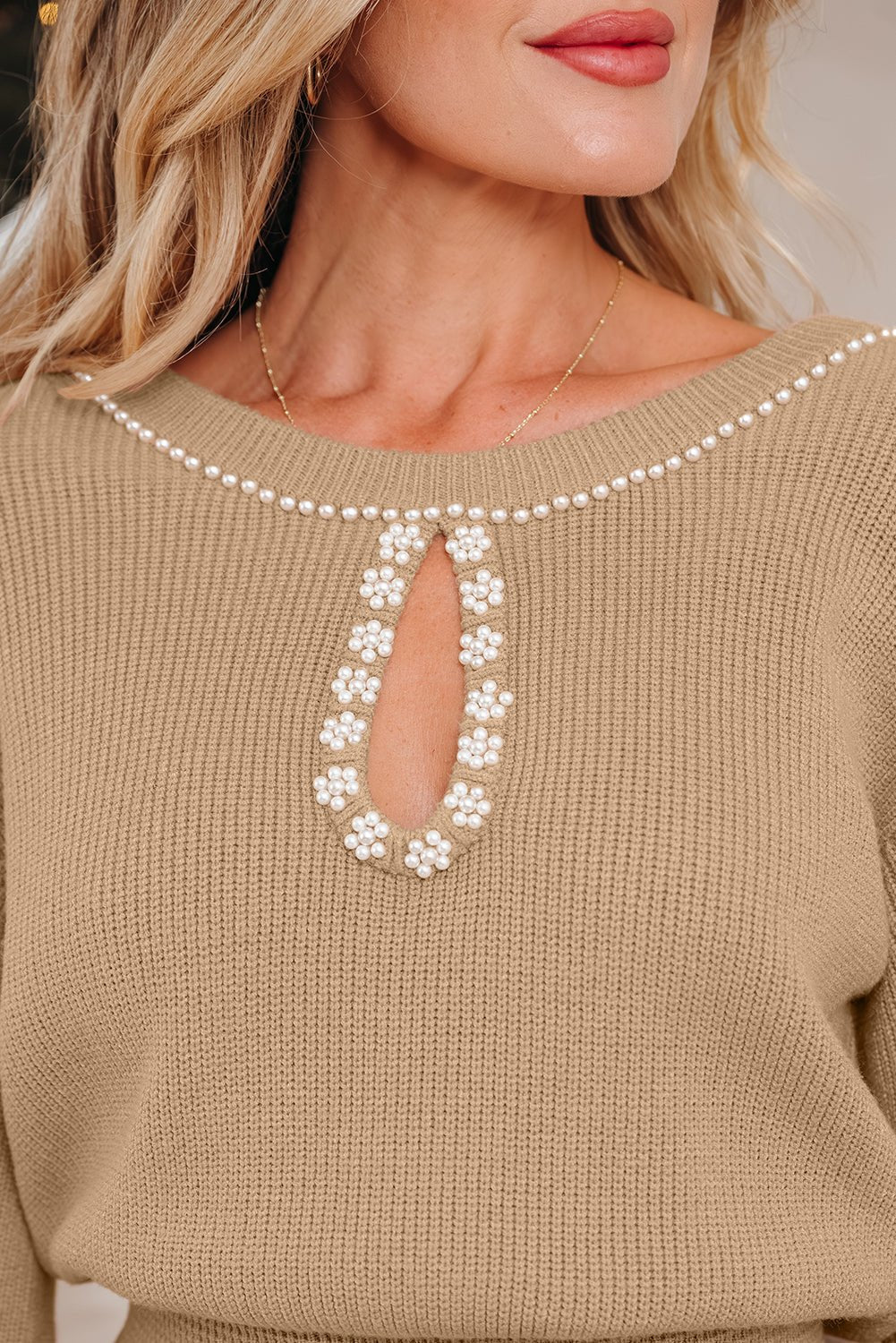 Smoke Gray Pearl Embellished Keyhole Ribbed Sweater Dress - Crowned Energy CO.