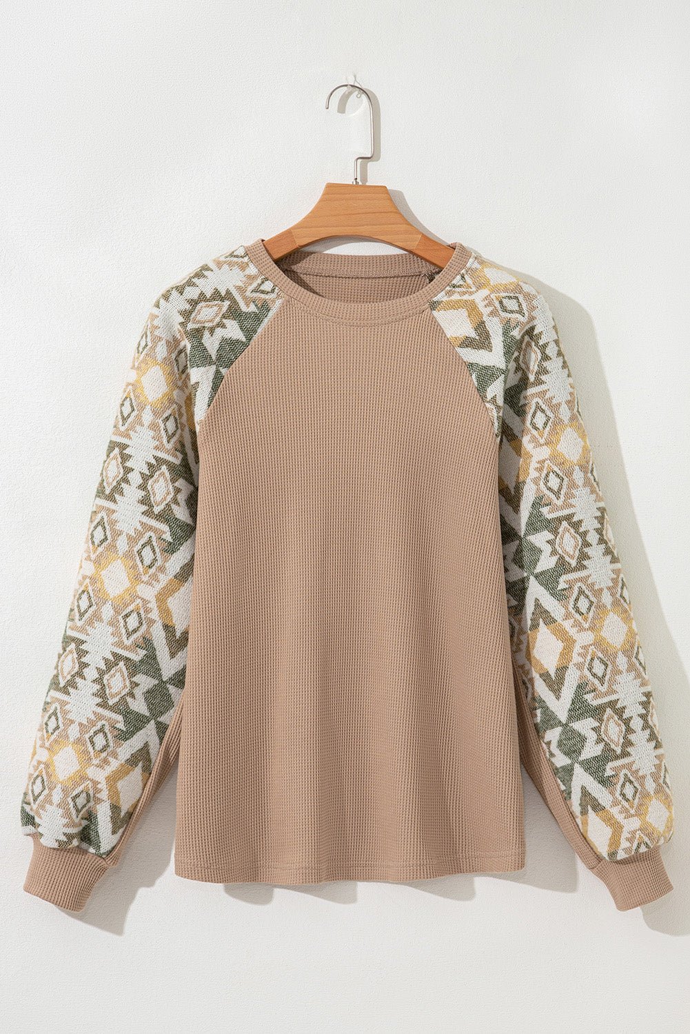 Smoke Gray Waffle Aztec Patchwork Raglan Sleeve Knit Top - Crowned Energy CO.