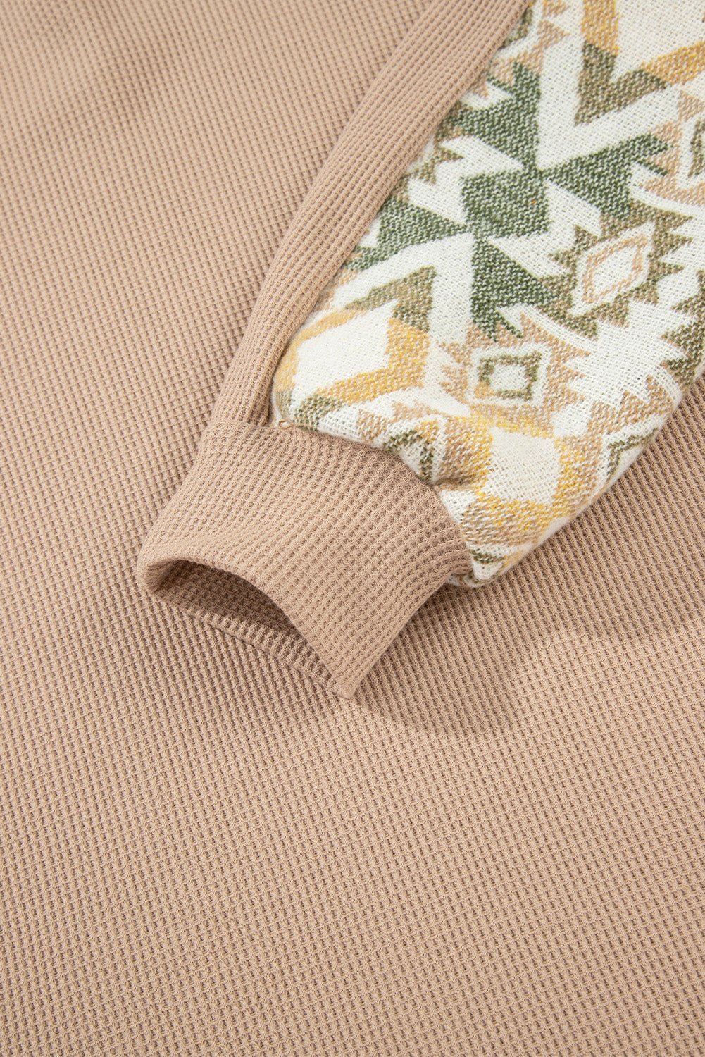 Smoke Gray Waffle Aztec Patchwork Raglan Sleeve Knit Top - Crowned Energy CO.