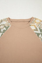 Smoke Gray Waffle Aztec Patchwork Raglan Sleeve Knit Top - Crowned Energy CO.