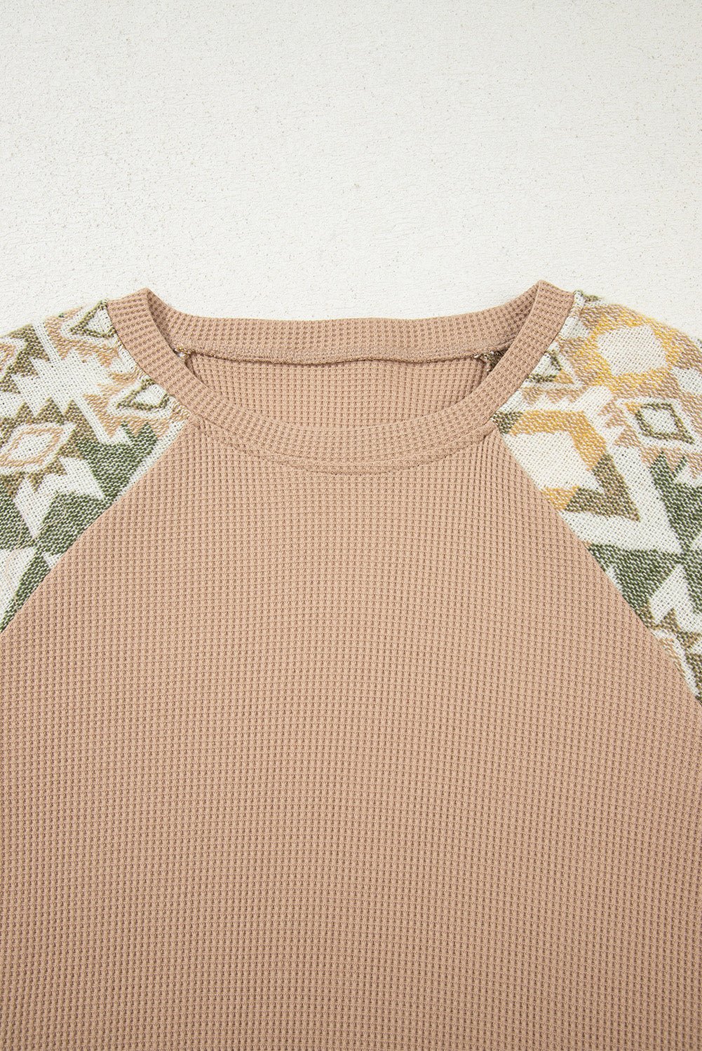 Smoke Gray Waffle Aztec Patchwork Raglan Sleeve Knit Top - Crowned Energy CO.