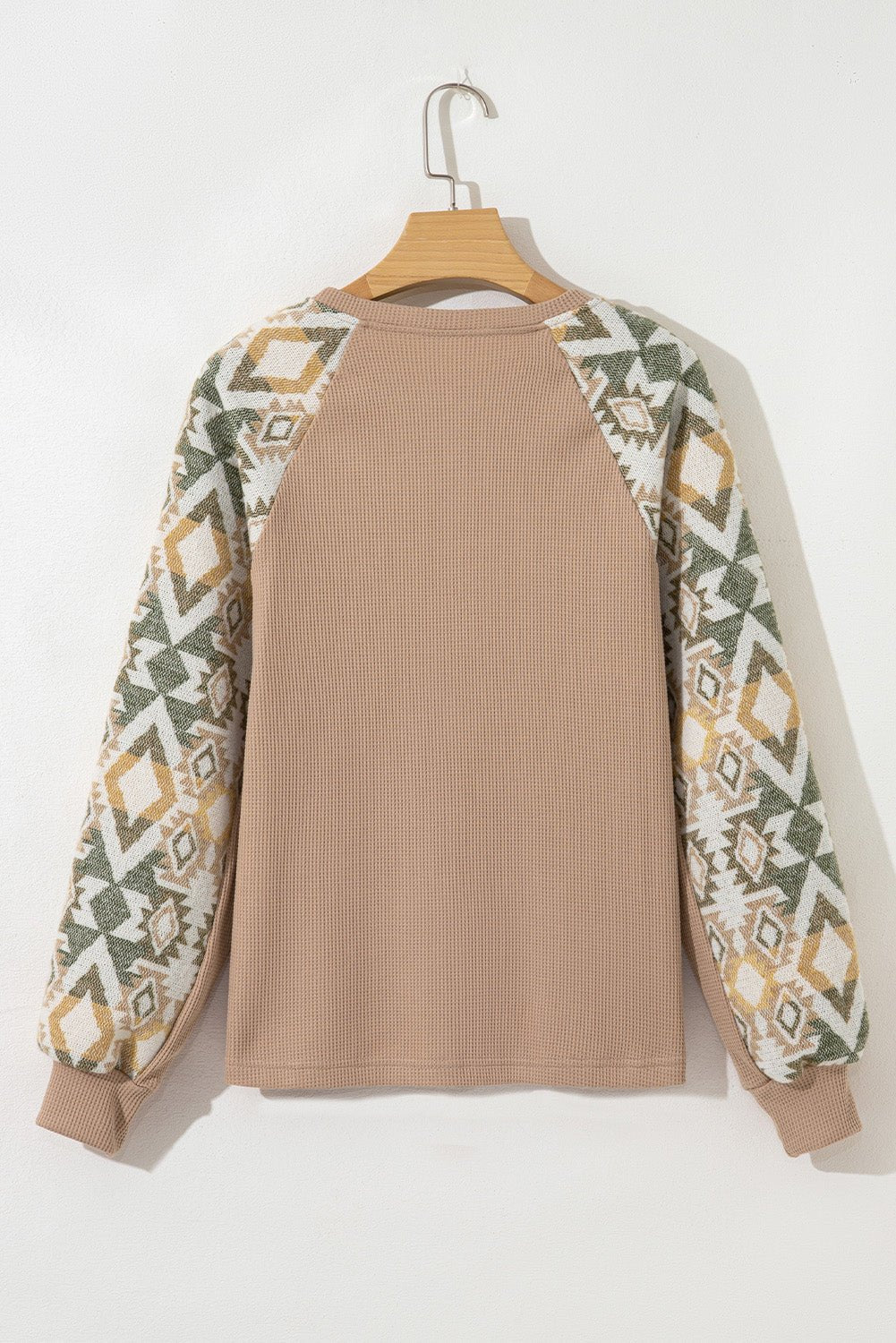 Smoke Gray Waffle Aztec Patchwork Raglan Sleeve Knit Top - Crowned Energy CO.