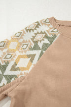 Smoke Gray Waffle Aztec Patchwork Raglan Sleeve Knit Top - Crowned Energy CO.
