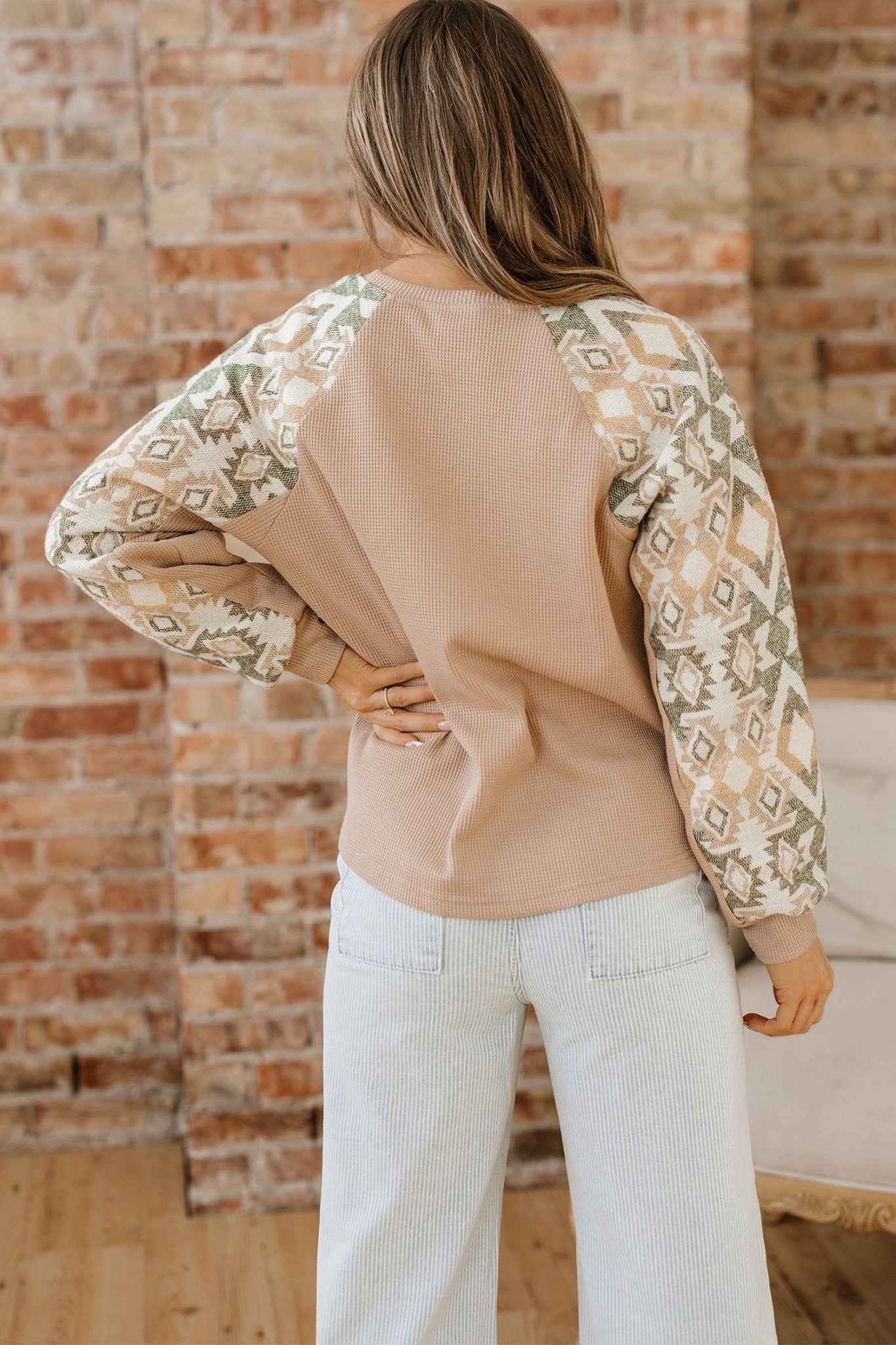 Smoke Gray Waffle Aztec Patchwork Raglan Sleeve Knit Top - Crowned Energy CO.