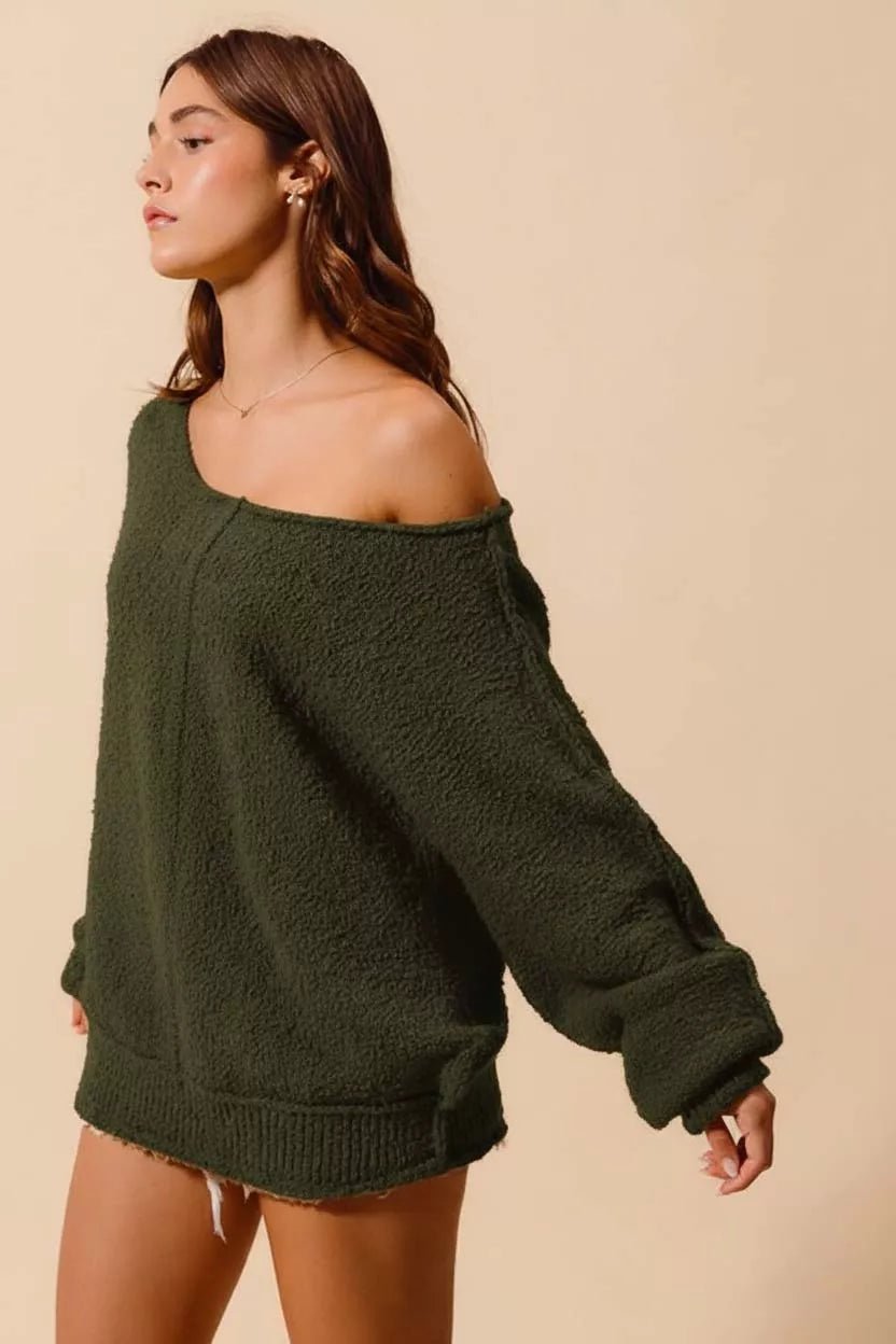 SO ME Loose Fit Exposed Seam Slouchy Boucle Sweater - Crowned Energy CO.