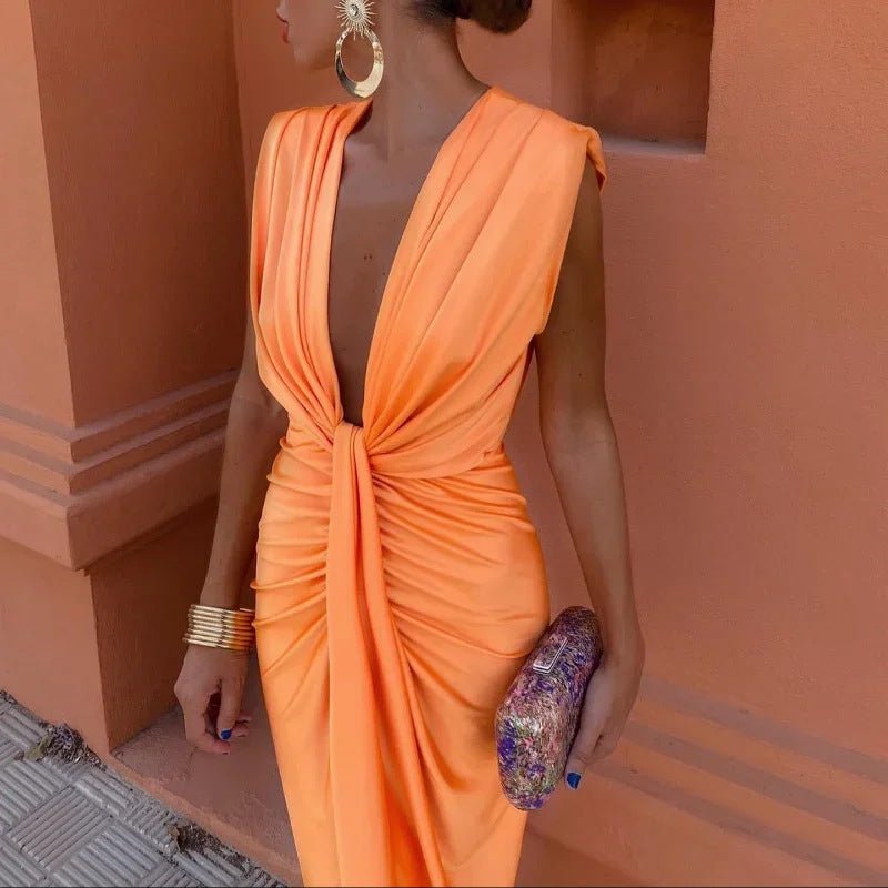Crowned Energy CO. Orange / L Goddess Vibes Dresses Solid Color Lace High Waist V-neck Dress