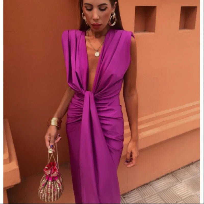 Crowned Energy CO. Purple / XL Goddess Vibes Dresses Solid Color Lace High Waist V-neck Dress