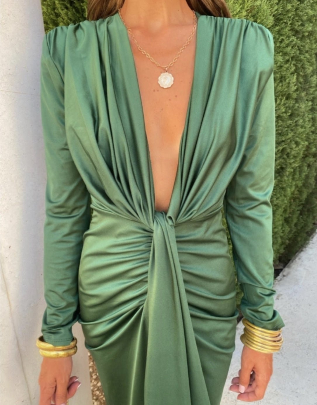 Crowned Energy CO. Green / L Goddess Vibes Dresses Solid Color Lace High Waist V-neck Dress