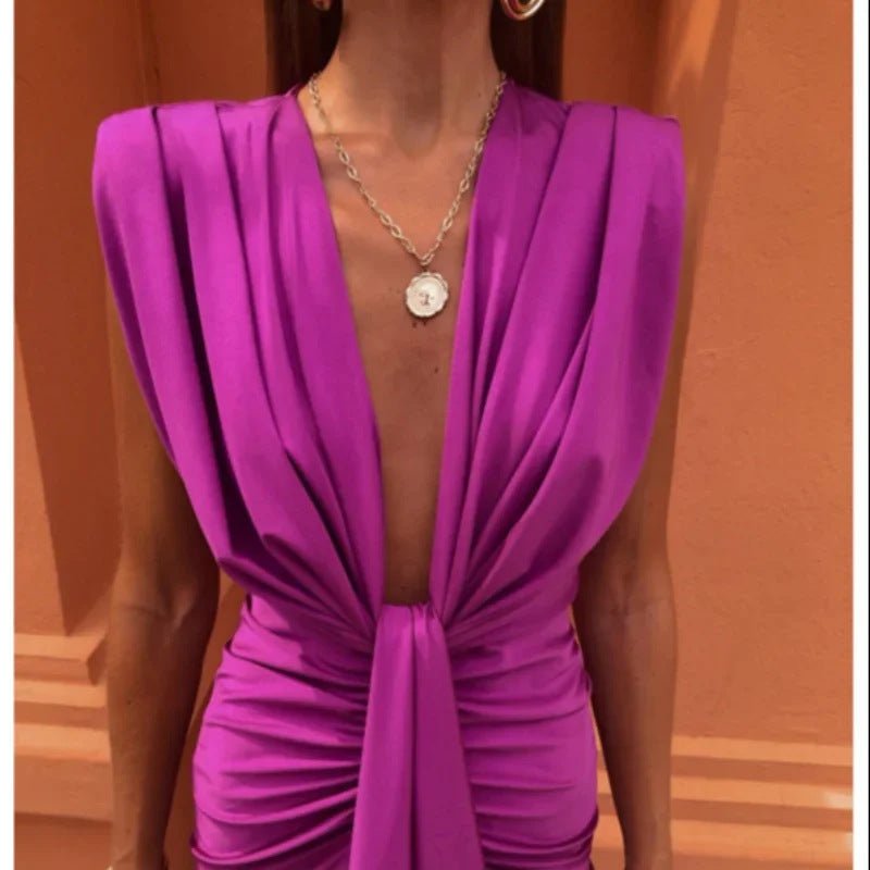 Crowned Energy CO. Blue / L Goddess Vibes Dresses Solid Color Lace High Waist V-neck Dress